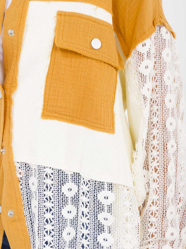 WOMEN'S LONG SLEEVE BUTTON UP COLORBLOCK CROCHET BLOUSE