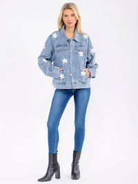 WOMEN'S LONG SLEEVE BUTTON CLOSURE FRONT POCKETS PEARL FLORAL DENIM JACKET
