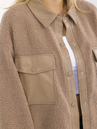 WOMEN'S LONG SLEEVE BUTTON CLOSURE FRONT POCKETS SHERPA PU CONTRAST JACKET