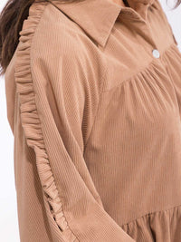 WOMEN'S LONG SLEEVE BUTTON UP POCKETS TIERED CORDUROY MINI DRESS