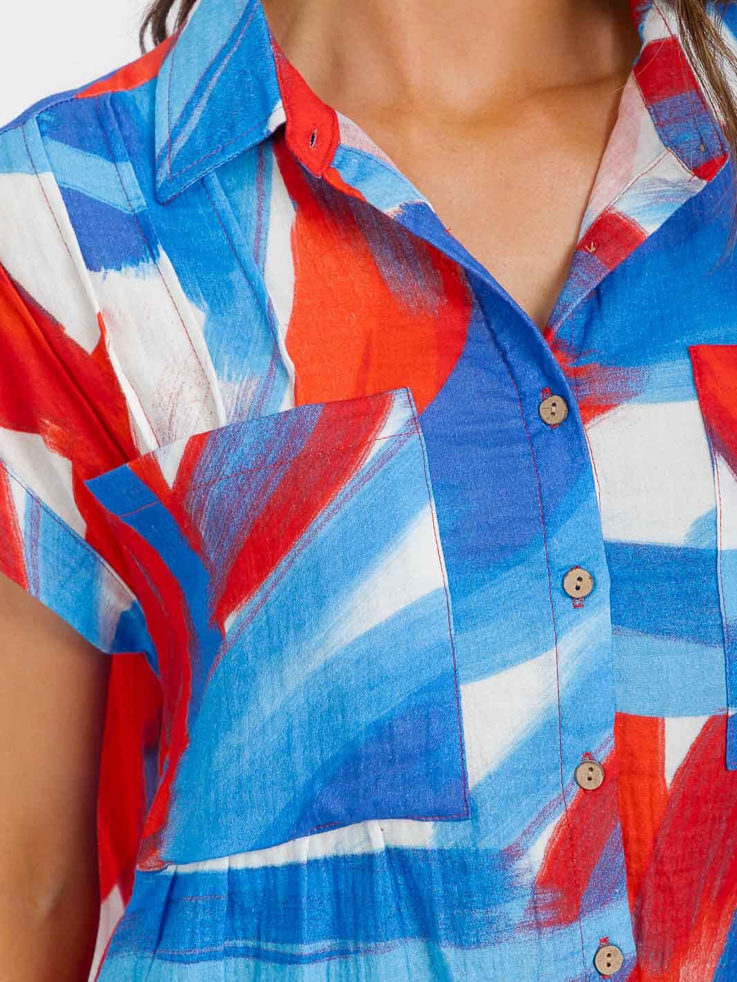 WOMEN'S SHORT SLEEVE BUTTON UP MULTI PRINT HIGH-LOW BLOUSE