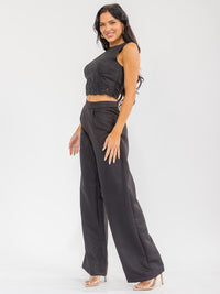 WOMEN'S SLEEVELESS SMOCK CROP TOP & ZIP UP WIDE LEG PANTS CROCHET DETAILED 2PC. SET
