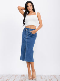 WOMEN'S BUTTON CLOSURE FRONT SLIT POCKETS DENIM MIDI SKIRT
