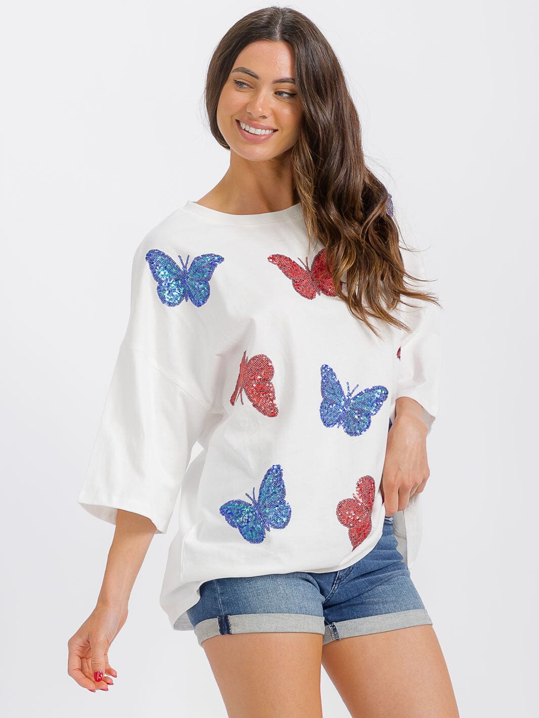 WOMEN'S SHORT SLEEVE BUTTERFLY SEQUINS GRAPHIC TOP