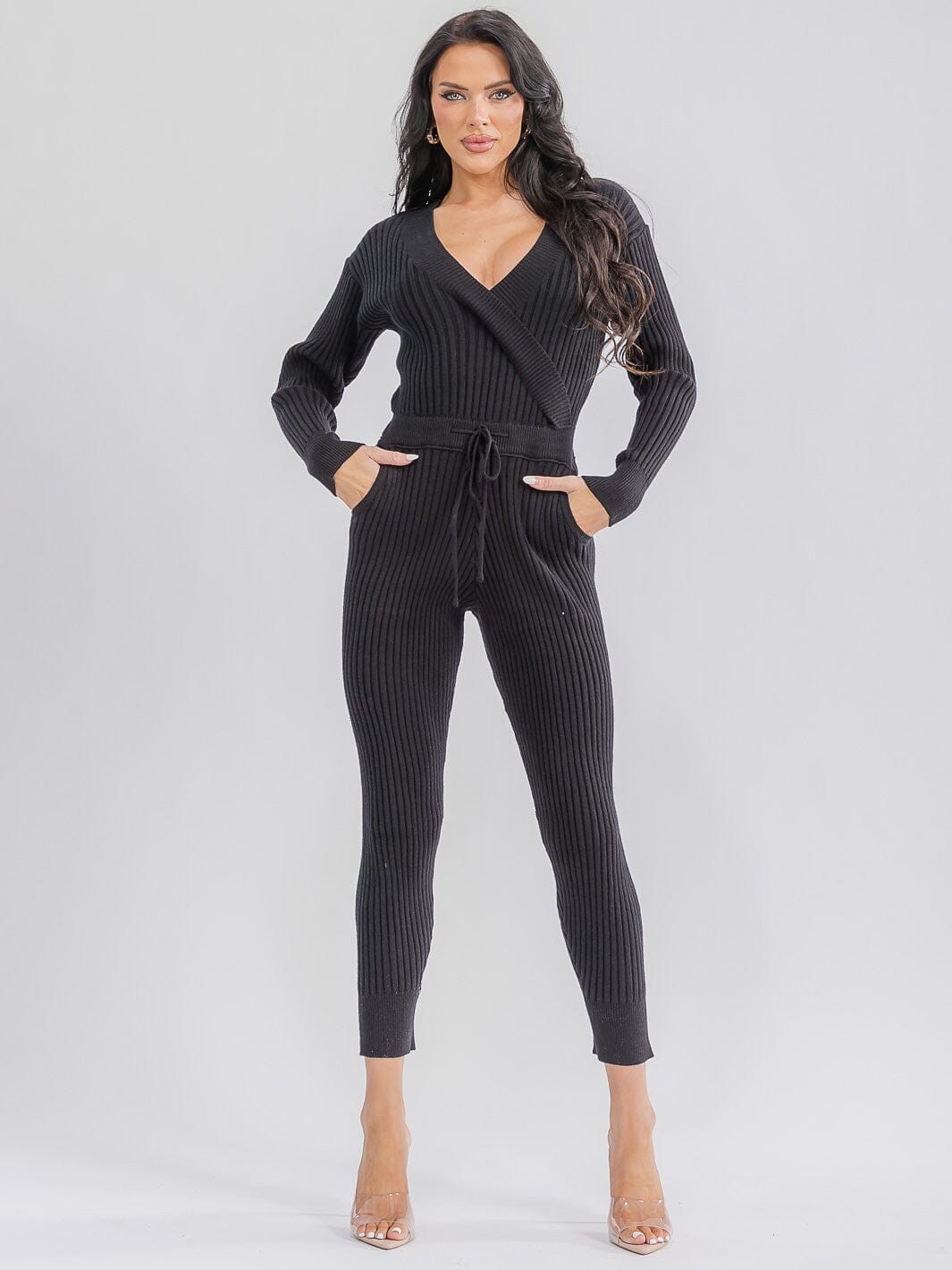 WOMEN'S LONG SLEEVE SURPLICE SELF TIE FRONT POCKETS SKINNY RIBBED JUMPSUIT