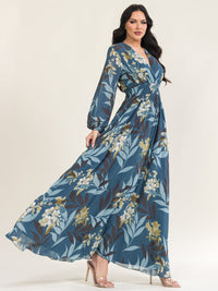 WOMEN'S LONG SLEEVE SURPLICE ELASTIC WAIST FLORAL PRINT MAXI DRESS