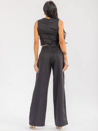 WOMEN'S SLEEVELESS SMOCK CROP TOP & ZIP UP WIDE LEG PANTS CROCHET DETAILED 2PC. SET