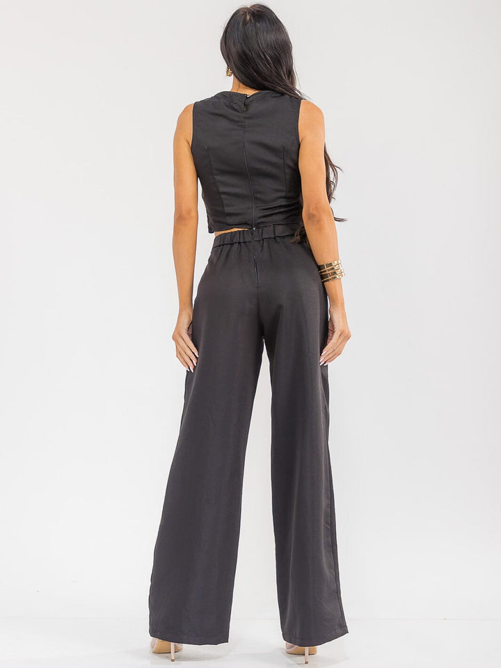 WOMEN'S SLEEVELESS SMOCK CROP TOP & ZIP UP WIDE LEG PANTS CROCHET DETAILED 2PC. SET
