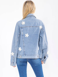 WOMEN'S LONG SLEEVE BUTTON CLOSURE FRONT POCKETS PEARL FLORAL DENIM JACKET