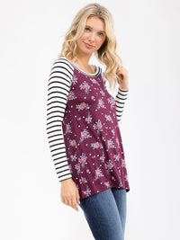 WOMEN'S 3/4 SLEEVE COLORBLOCK CONTRAST FLORAL STRIPES TOP