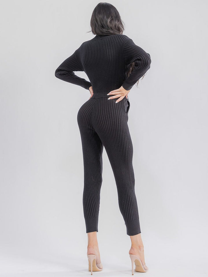 WOMEN'S LONG SLEEVE SURPLICE SELF TIE FRONT POCKETS SKINNY RIBBED JUMPSUIT