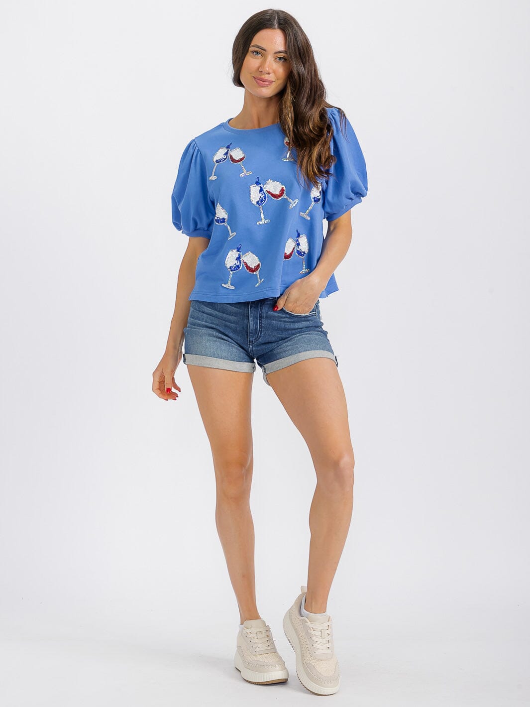 WOMEN'S SHORT PUFF SLEEVE SEQUINS GRAPHIC PATRIOTIC TOP