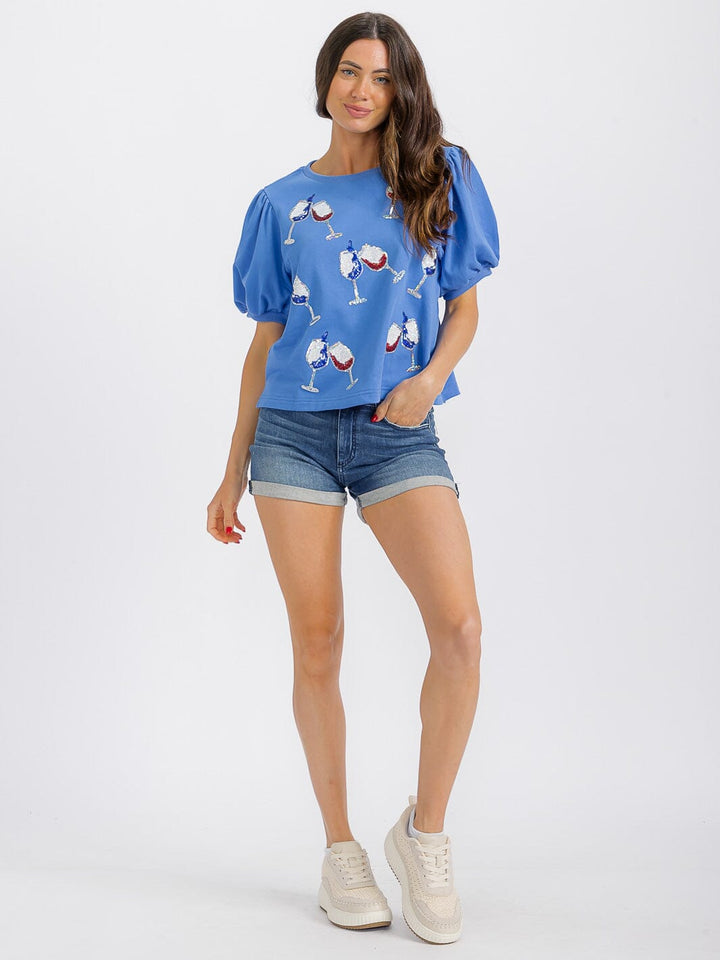 WOMEN'S SHORT PUFF SLEEVE SEQUINS GRAPHIC PATRIOTIC TOP