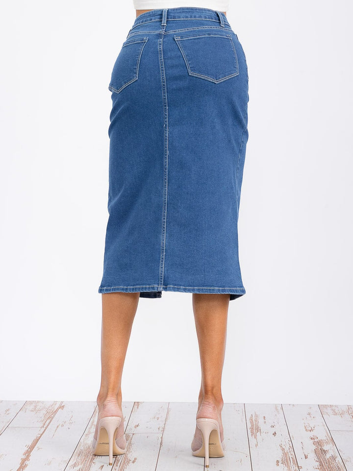 WOMEN'S BUTTON CLOSURE FRONT SLIT POCKETS DENIM MIDI SKIRT