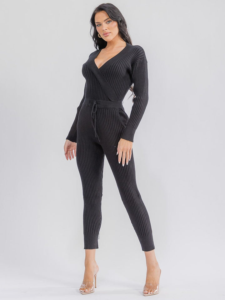 WOMEN'S LONG SLEEVE SURPLICE SELF TIE FRONT POCKETS SKINNY RIBBED JUMPSUIT