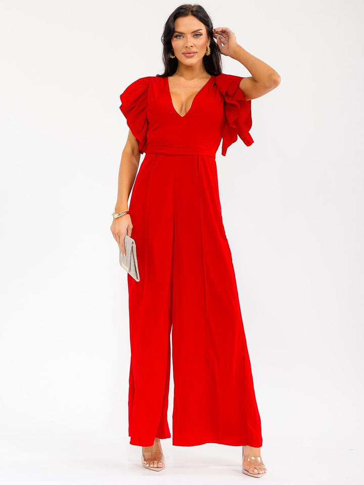 WOMEN'S SHORT RUFFLE SLEEVE SURPLICE WIDE LEG JUMPSUIT