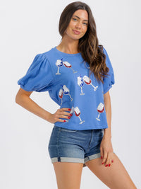 WOMEN'S SHORT PUFF SLEEVE SEQUINS GRAPHIC PATRIOTIC TOP