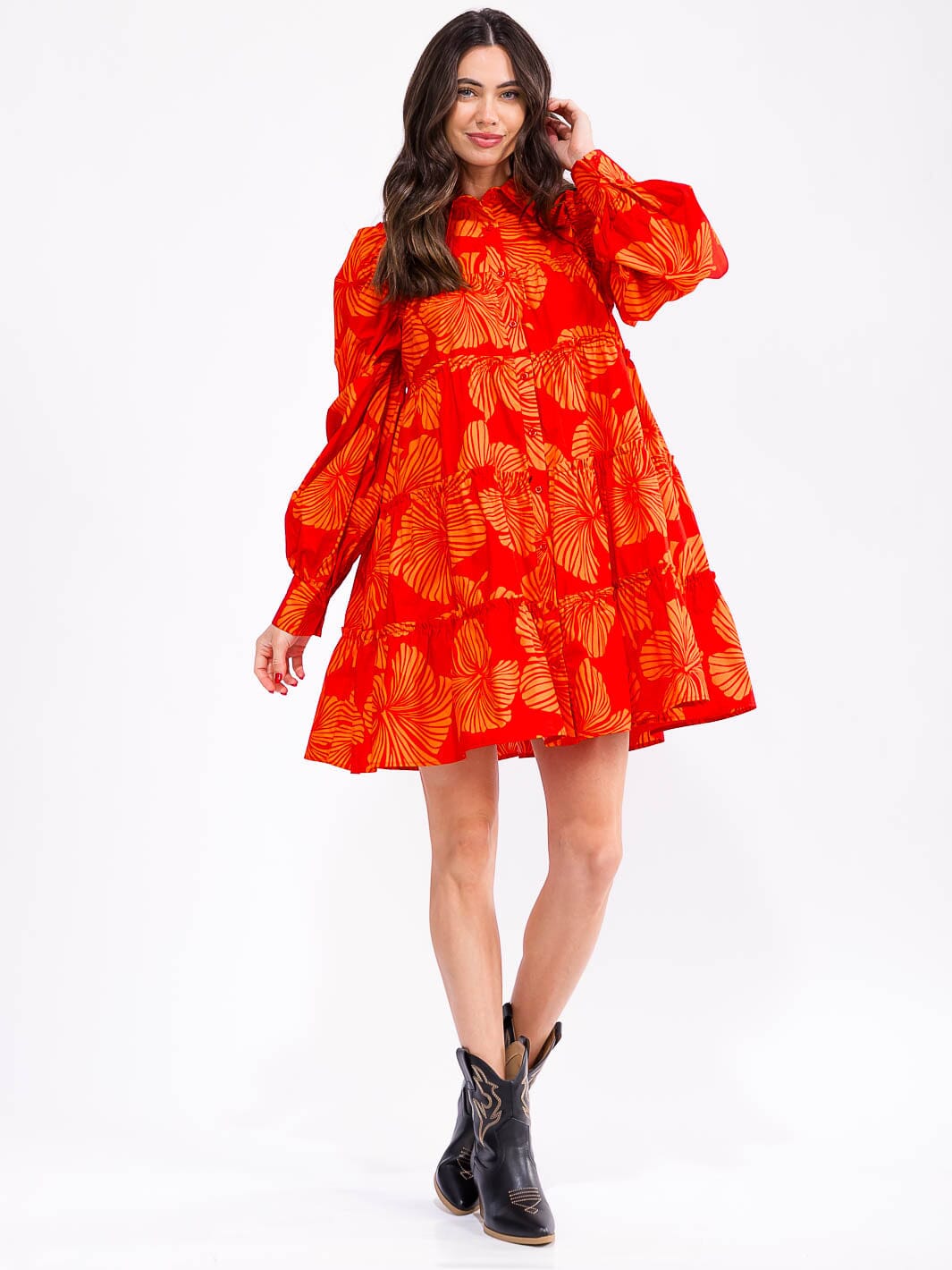 WOMEN'S LONG PUFF SLEEVE BUTTON UP POCKETS TIERED FLORAL MINI DRESS