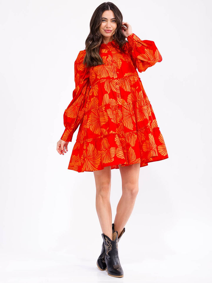 WOMEN'S LONG PUFF SLEEVE BUTTON UP POCKETS TIERED FLORAL MINI DRESS