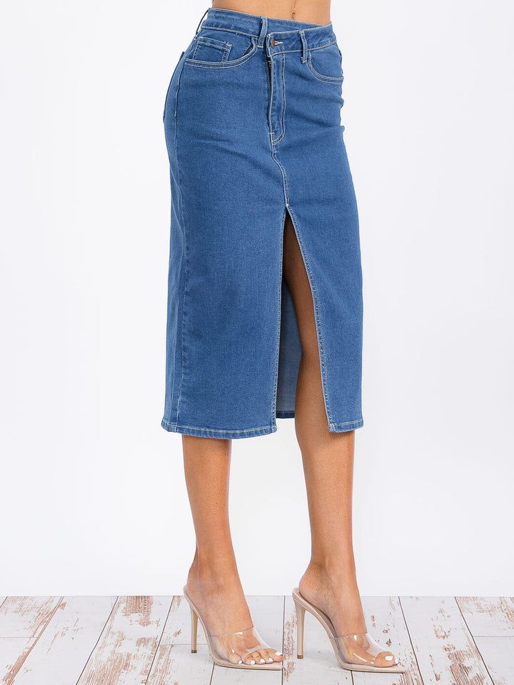 WOMEN'S BUTTON CLOSURE FRONT SLIT POCKETS DENIM MIDI SKIRT