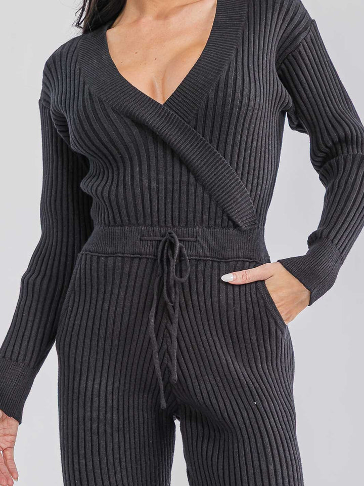 WOMEN'S LONG SLEEVE SURPLICE SELF TIE FRONT POCKETS SKINNY RIBBED JUMPSUIT