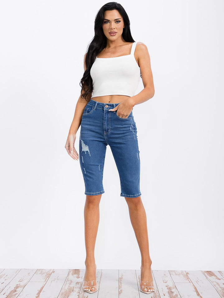 WOMEN'S BUTTON CLOSURE POCKETS DISTRESS DENIM BERMUDA SHORT