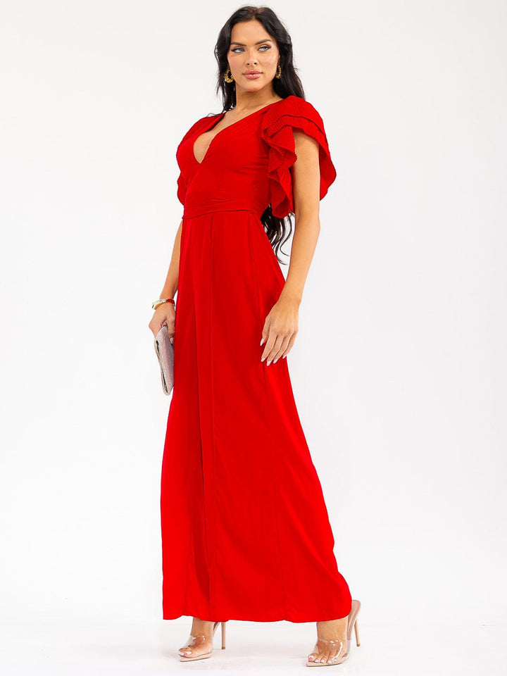 WOMEN'S SHORT RUFFLE SLEEVE SURPLICE WIDE LEG JUMPSUIT