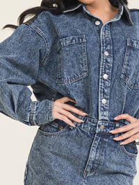 WOMEN'S LONG SLEEVE BUTTON CLOSURE POCKETS WASHED DENIM CONTRAST MINI DRESS