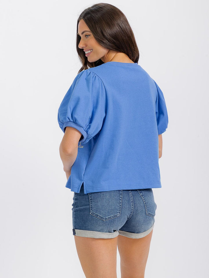 WOMEN'S SHORT PUFF SLEEVE SEQUINS GRAPHIC PATRIOTIC TOP