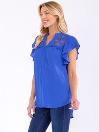 WOMEN'S SHORT SLEEVE BUTTON UP HIGH-LOW DETAILED BLOUSE