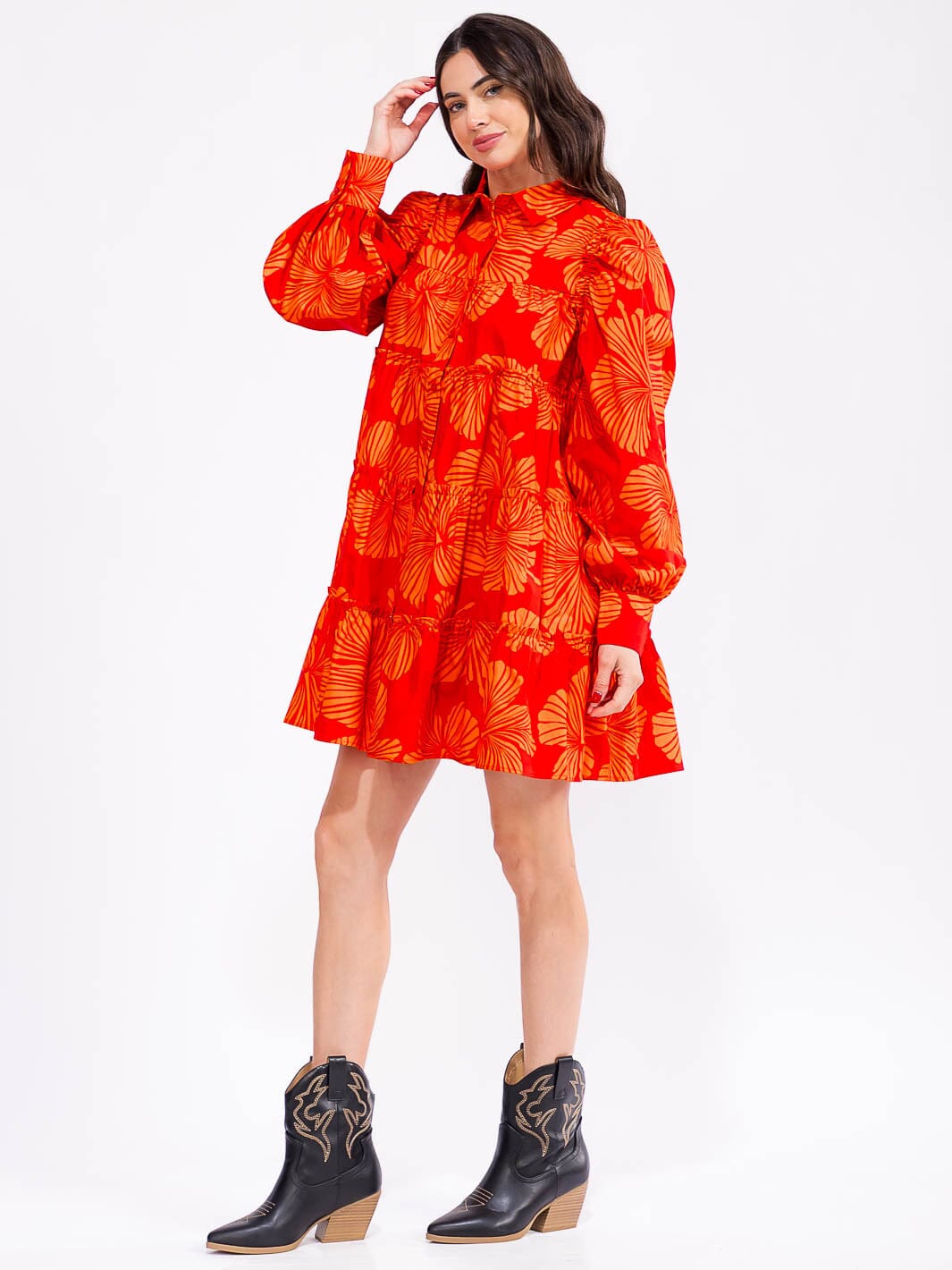 WOMEN'S LONG PUFF SLEEVE BUTTON UP POCKETS TIERED FLORAL MINI DRESS
