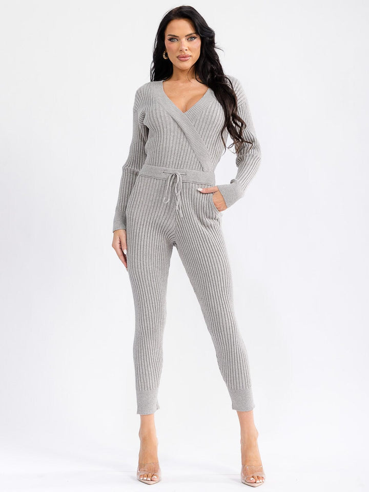 WOMEN'S LONG SLEEVE SURPLICE SELF TIE FRONT POCKETS SKINNY RIBBED JUMPSUIT