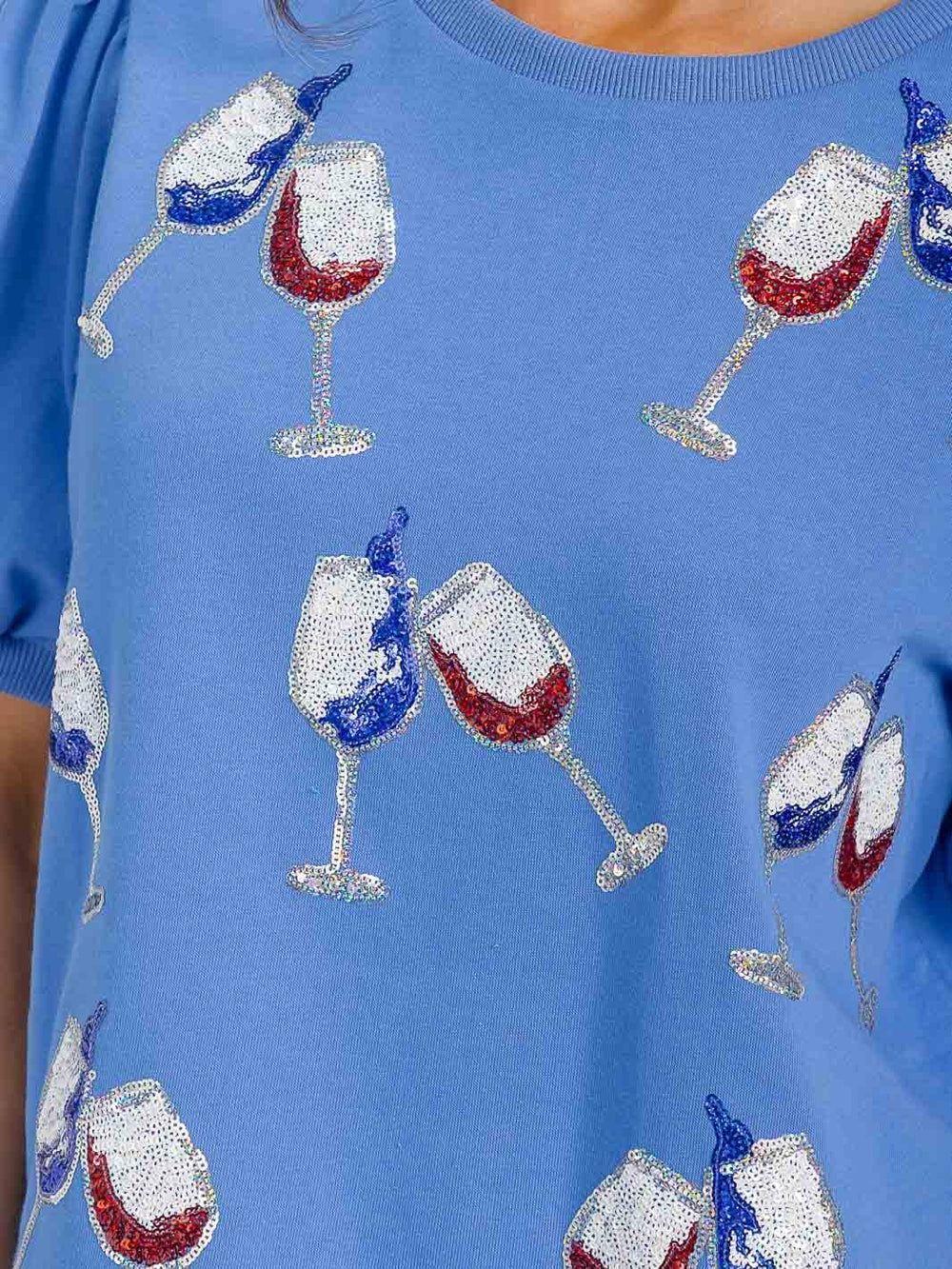 WOMEN'S SHORT PUFF SLEEVE SEQUINS GRAPHIC PATRIOTIC TOP