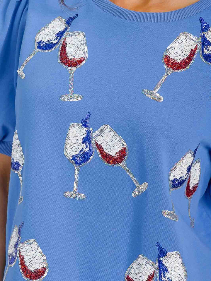 WOMEN'S SHORT PUFF SLEEVE SEQUINS GRAPHIC PATRIOTIC TOP