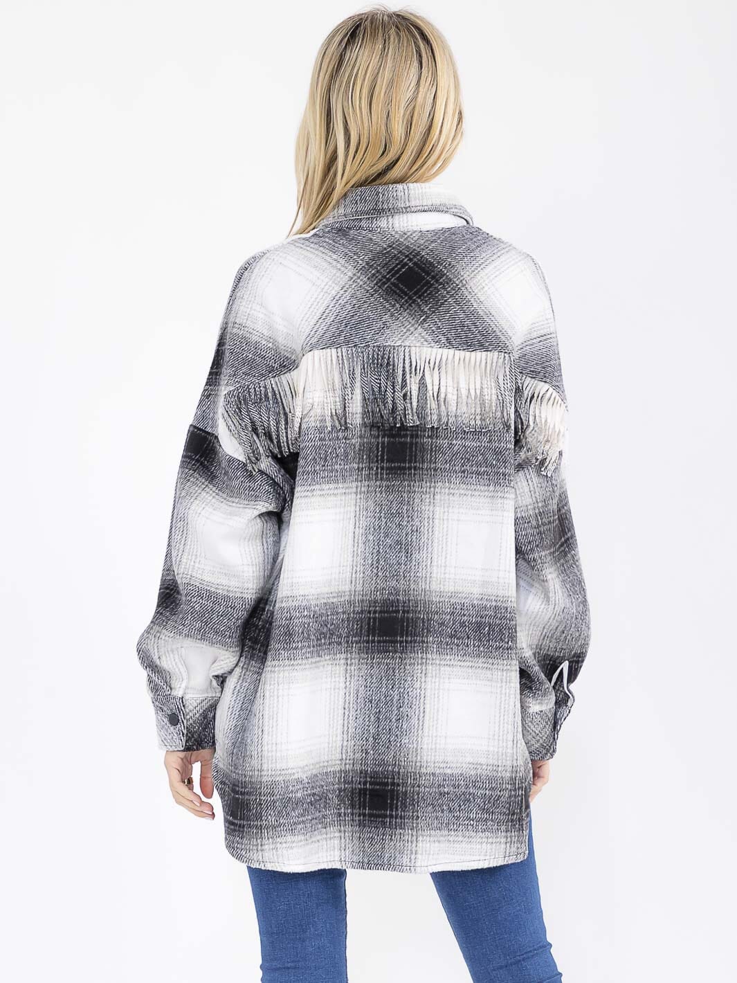 WOMEN'S LONG SLEEVE BUTTON CLOSURE FRONT POCKETS PLAID FRINGE JACKET