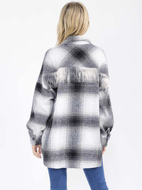 WOMEN'S LONG SLEEVE BUTTON CLOSURE FRONT POCKETS PLAID FRINGE JACKET