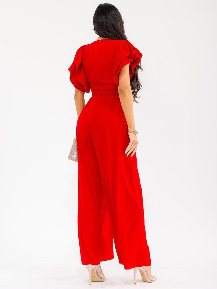 WOMEN'S SHORT RUFFLE SLEEVE SURPLICE WIDE LEG JUMPSUIT