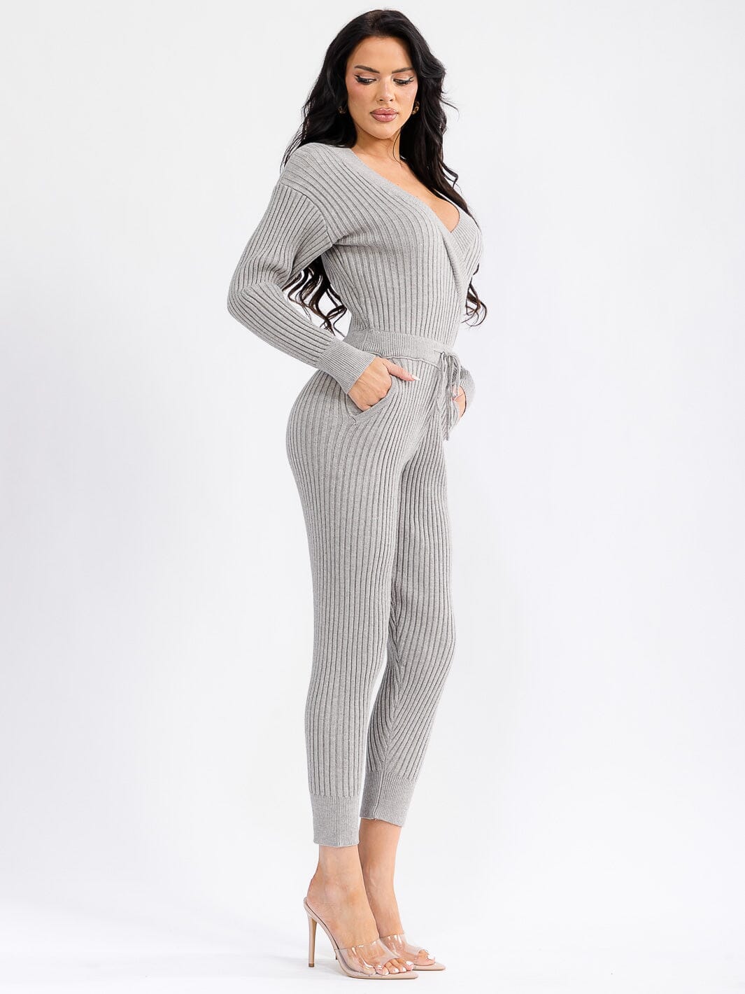 WOMEN'S LONG SLEEVE SURPLICE SELF TIE FRONT POCKETS SKINNY RIBBED JUMPSUIT