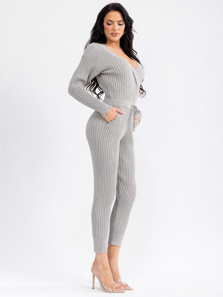 WOMEN'S LONG SLEEVE SURPLICE SELF TIE FRONT POCKETS SKINNY RIBBED JUMPSUIT