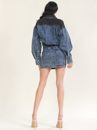 WOMEN'S LONG SLEEVE BUTTON CLOSURE POCKETS WASHED DENIM CONTRAST MINI DRESS