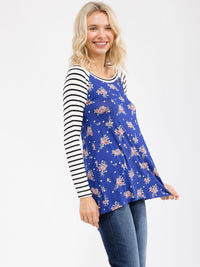 WOMEN'S 3/4 SLEEVE COLORBLOCK CONTRAST FLORAL STRIPES TOP