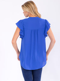 WOMEN'S SHORT SLEEVE BUTTON UP HIGH-LOW DETAILED BLOUSE