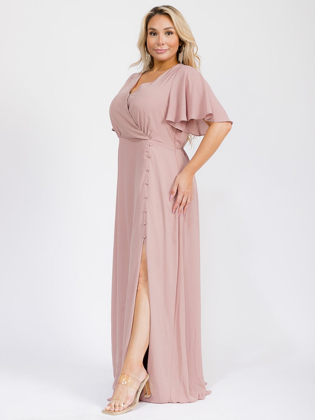 PUS SIZE SHORT SLEEVE V-NECK SURPLICE FRONT SLIT MAXI GOWN DRESS