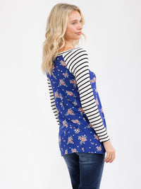WOMEN'S 3/4 SLEEVE COLORBLOCK CONTRAST FLORAL STRIPES TOP
