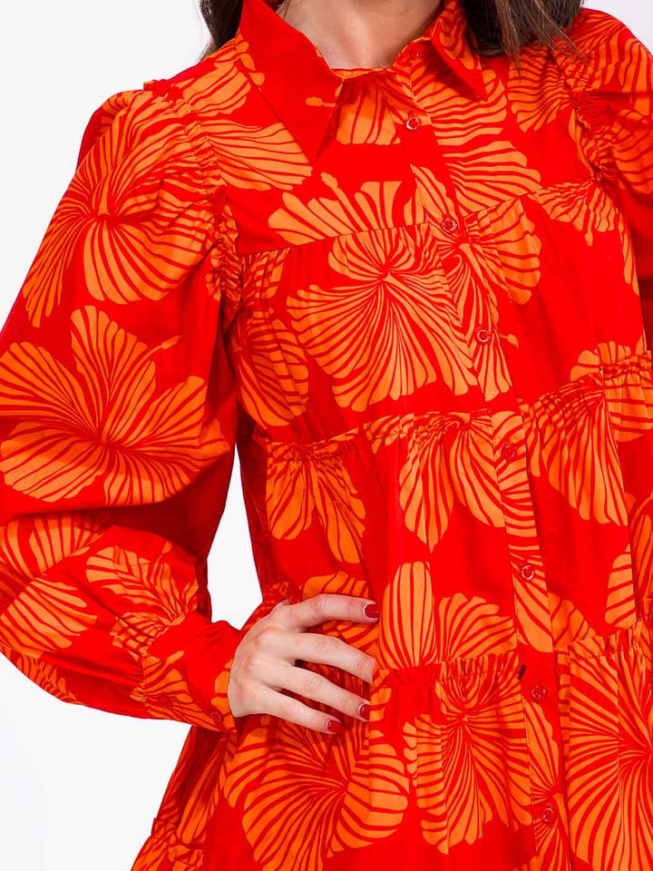 WOMEN'S LONG PUFF SLEEVE BUTTON UP POCKETS TIERED FLORAL MINI DRESS