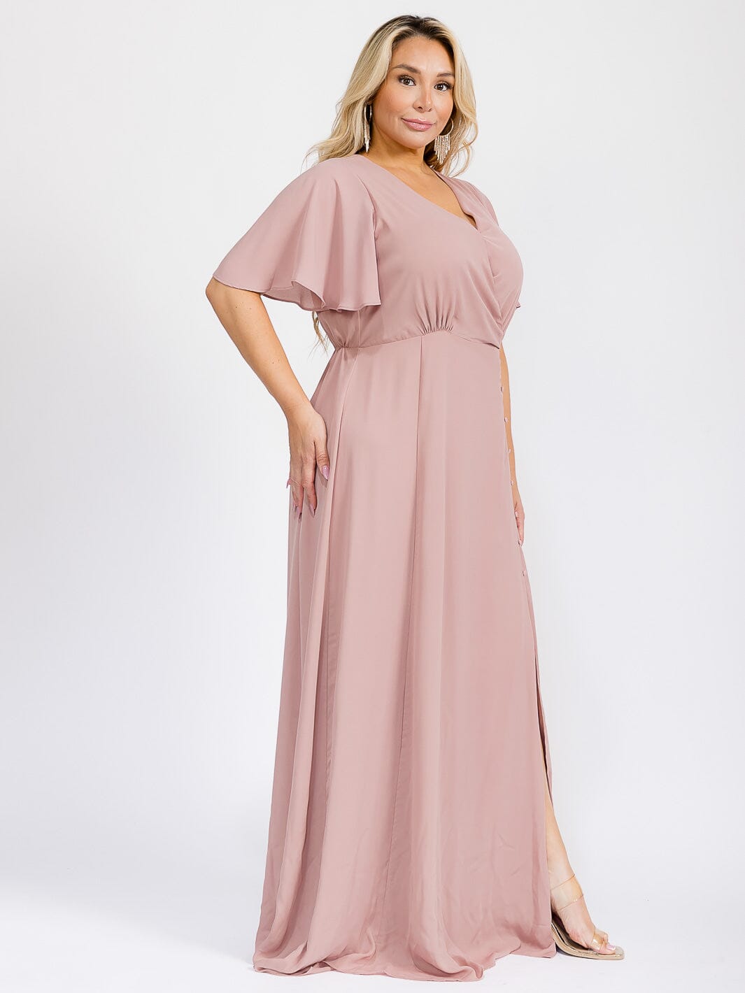 PUS SIZE SHORT SLEEVE V-NECK SURPLICE FRONT SLIT MAXI GOWN DRESS