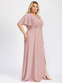 PUS SIZE SHORT SLEEVE V-NECK SURPLICE FRONT SLIT MAXI GOWN DRESS