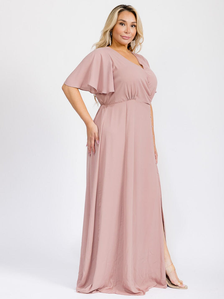 PUS SIZE SHORT SLEEVE V-NECK SURPLICE FRONT SLIT MAXI GOWN DRESS