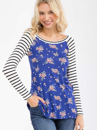 WOMEN'S 3/4 SLEEVE COLORBLOCK CONTRAST FLORAL STRIPES TOP