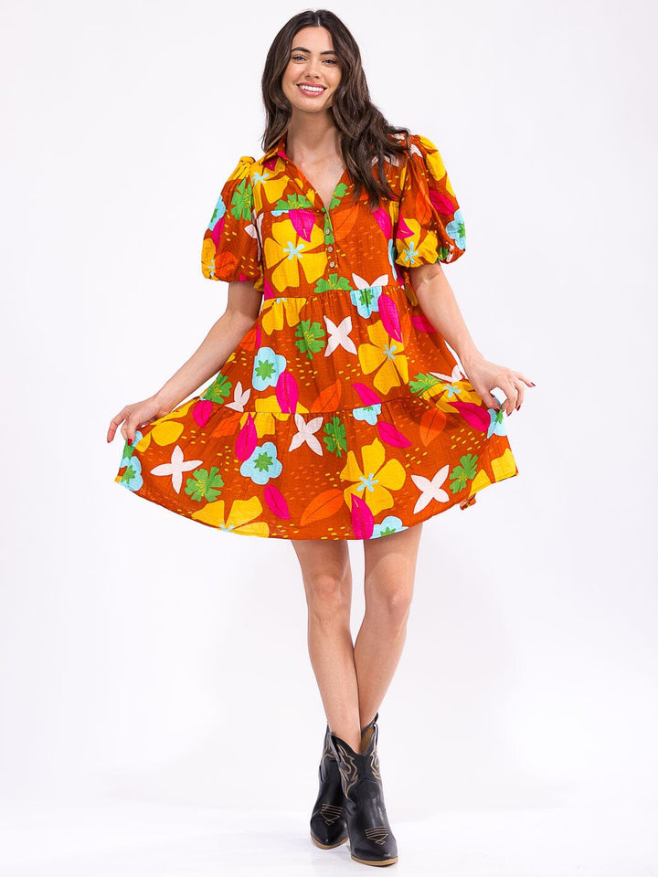 WOMEN'S SHORT PUFF SLEEVE V-NECK BUTTON UP POCKETS FLORAL MINI DRESS